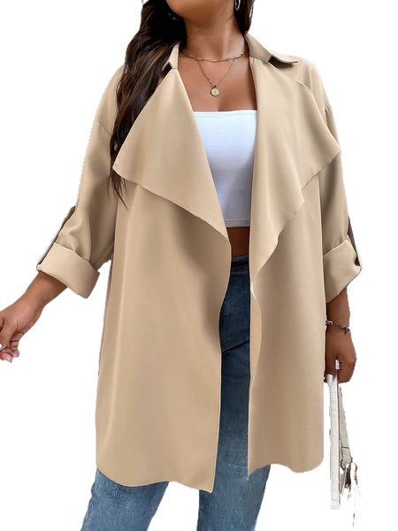 plus waterfall collar roll tab sleeve trench coat v4fx#, Black